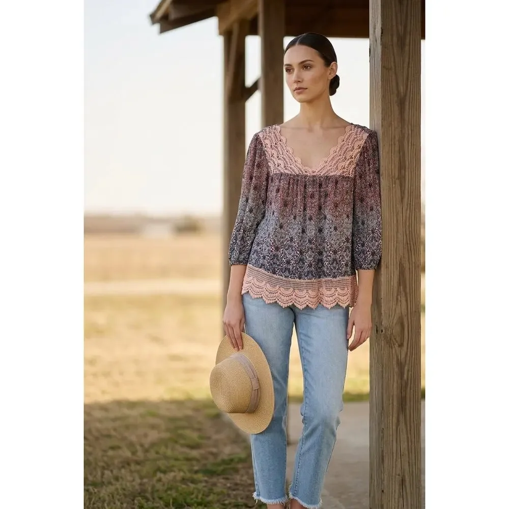 Self Esteem Lace Floral 3/4 Sleeve Top Womens Small Flowy Fairy Boho Cottage